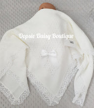 Load image into Gallery viewer, White Baby Knitted Shawl Blanket Lace Trim