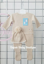 Load image into Gallery viewer, Beige Knitted Trouser Set with Pom Pom Hat