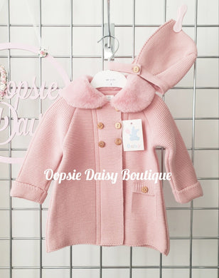 Dusky Pink Knitted Pram Coat with Bonnet Fur Collar