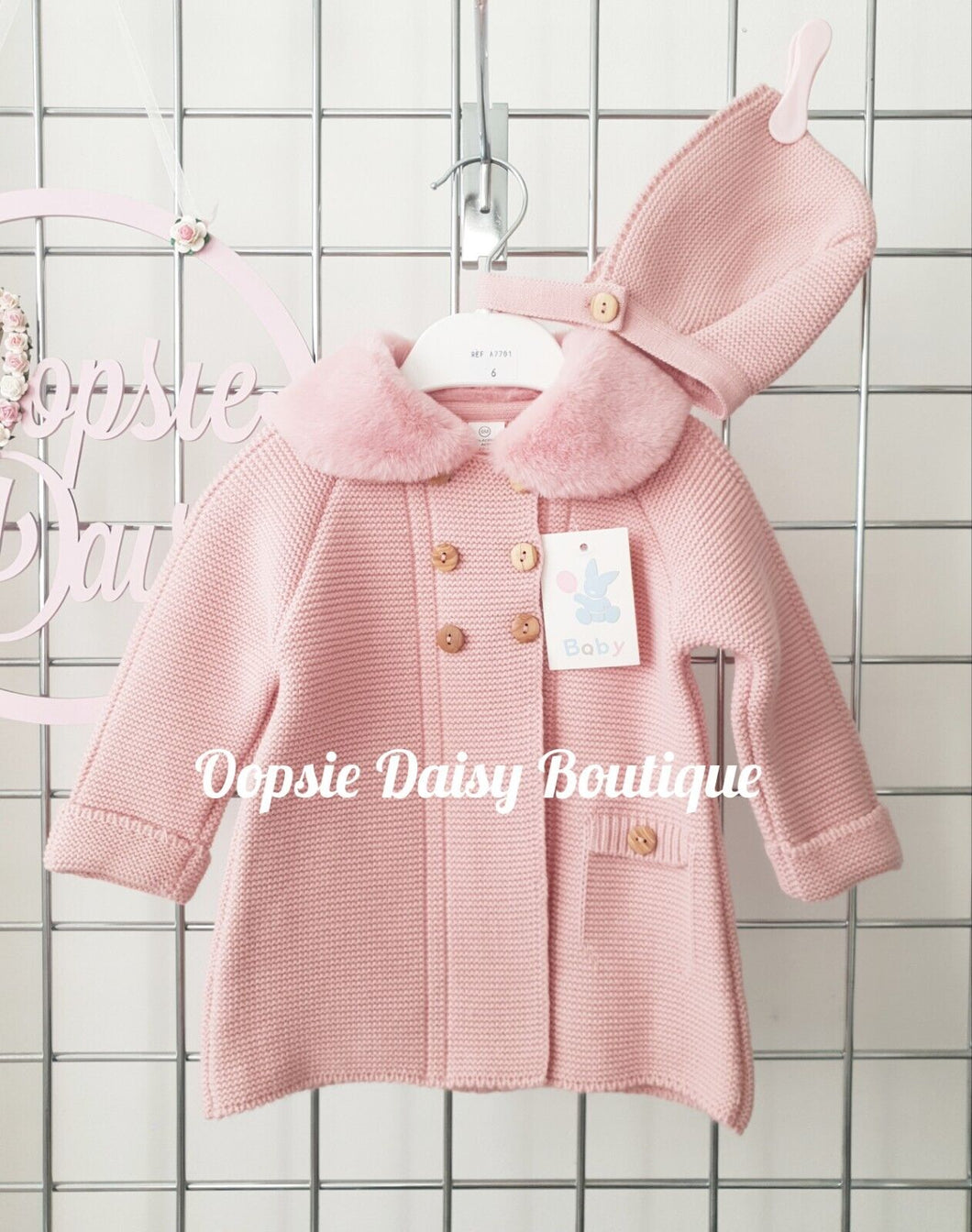 Dusky Pink Knitted Pram Coat with Bonnet Fur Collar