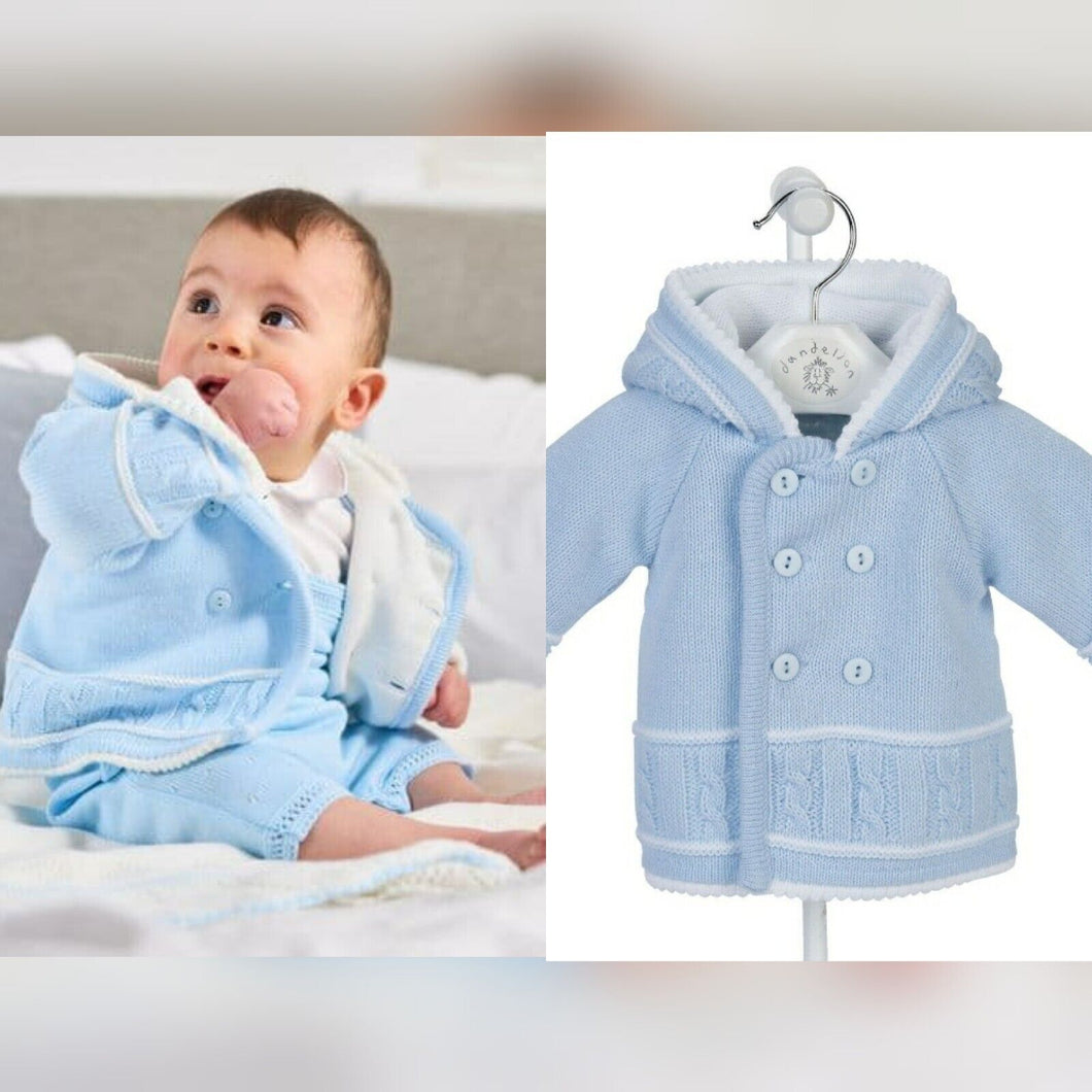 Blue Knitted Baby Jacket Cardigan Pram Coat - Dandelion