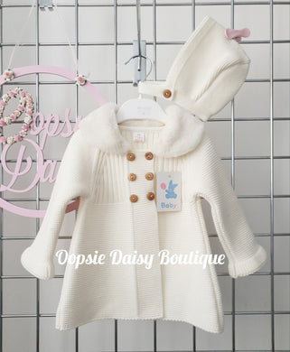 Girls Ivory Cream Knitted Pram Coat with Bonnet Fur Collar