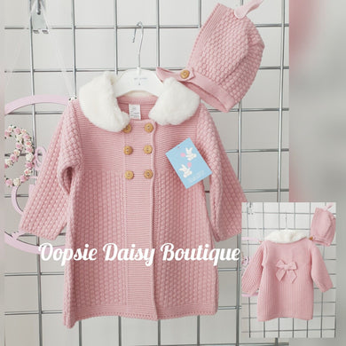 Girls Dusky Pink Knitted Pram Coat with Bonnet Fur Collar