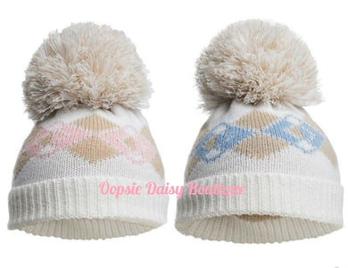 Baby Girls Boys Knitted Argyle Pom Pom Hat Size 0-12mth
