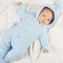 Load image into Gallery viewer, Blue Knitted Hooded Pram suit All In One - Dandelion