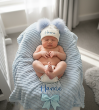 Load image into Gallery viewer, Personalised Ribbon Blanket &amp; Pom Pom Hat Set