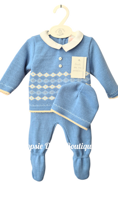 Baby Boys Blue Knitted Outfit Size 0-3mth with Hat