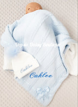 Load image into Gallery viewer, Personalised Blanket &amp; Pom Pom Hat Size 1-12mth Blue, Pink or Grey