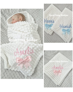 Personalised White Baby Blanket Supersoft Waffle Design with Ribbon