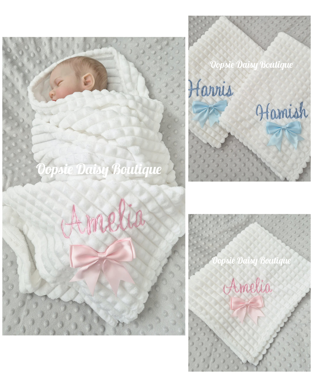 Personalised White Baby Blanket Supersoft Waffle Design with Ribbon