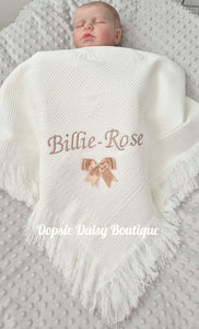 Personalised Baby Shawl Blanket with Ribbon Christening Shawl Extra Wording