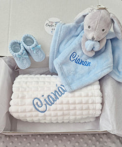 Personalised Baby Bundle, Blanket,Bunny Comforter & Booties set - Blue & Pink