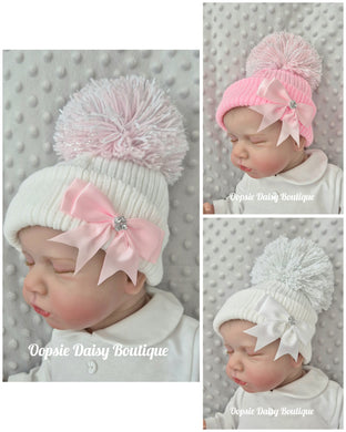Baby Girls Lovely Knitted Pom Pom Hats with Ribbon