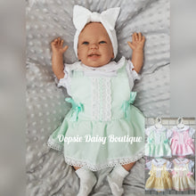 Load image into Gallery viewer, Girls Ribbon Waffle Pinafore Romper &amp; Blouse Set