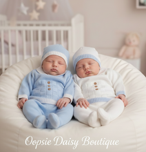 Load image into Gallery viewer, Babies in blue and white outfits with hats