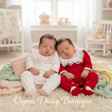 Load image into Gallery viewer, Babies in white and red rompers with correct trim