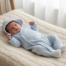 Load image into Gallery viewer, Baby boy in blue bear pramsuit - cream knit texture