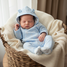Load image into Gallery viewer, Baby boy in blue bear pramsuit - rustic basket front view