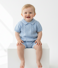 Load image into Gallery viewer, Baby boy in blue cable-knit set on white block