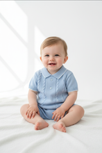 Load image into Gallery viewer, Baby boy in blue cable-knit set