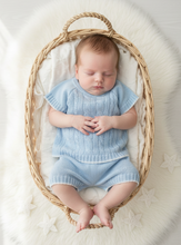 Load image into Gallery viewer, Baby boy in blue knit set, basket overhead