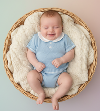Load image into Gallery viewer, Baby boy in blue knit set, cream blanket basket