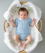 Load image into Gallery viewer, Baby boy in blue knit set, Moses basket with flowers