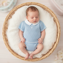 Load image into Gallery viewer, Baby boy in blue knit set, round basket flat lay