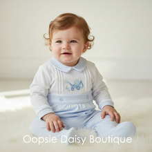 Load image into Gallery viewer, Baby Boy in Light Blue Smocked Romper