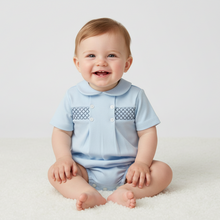 Load image into Gallery viewer, Baby boy in powder blue romper - sitting