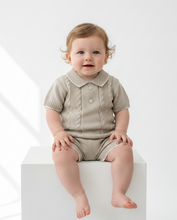 Load image into Gallery viewer, Baby boy in stone cable-knit set on white block