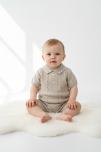 Load image into Gallery viewer, Baby boy in stone cable-knit set