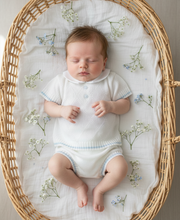 Load image into Gallery viewer, Baby boy in white knit set, Moses basket with flowers