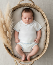 Load image into Gallery viewer, Baby boy in white knit set, pampas grass basket