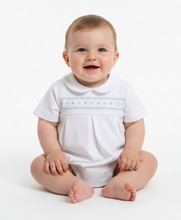 Load image into Gallery viewer, Baby boy in white romper option 1