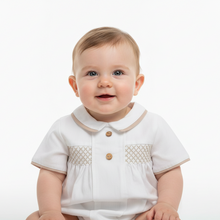 Load image into Gallery viewer, Baby boy in white romper with tan trim - ecommerce