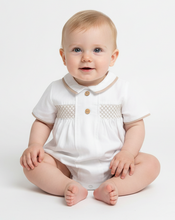 Load image into Gallery viewer, Baby boy in white romper with tan trim - professional