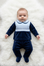 Load image into Gallery viewer, Baby boy lying on a white fluffy rug wearing the navy and light blue set