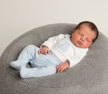 Load image into Gallery viewer, Baby boy on plush grey beanbag