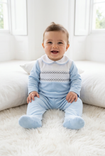 Load image into Gallery viewer, Baby boy seated at a slight angle on a white fluffy rug