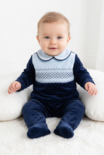 Load image into Gallery viewer, Baby boy sitting at an angle in navy with a light blue chest panel