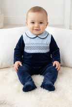 Load image into Gallery viewer, Baby boy sitting front-facing in navy with a light blue chest panel