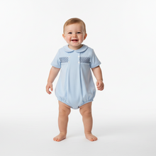 Load image into Gallery viewer, Baby boy standing in powder blue romper - studio