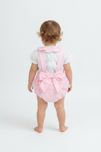 Load image into Gallery viewer, Baby girl back view in pink set with straps