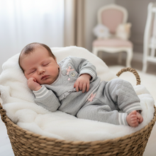 Load image into Gallery viewer, Baby girl in grey bear outfit - natural basket front view