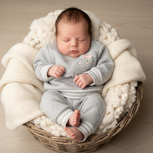 Load image into Gallery viewer, Baby girl in grey bear outfit - rustic basket front view