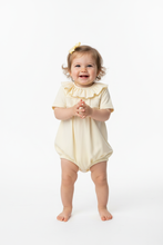 Load image into Gallery viewer, Baby girl in lemon smocked romper - Bright studio