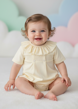 Load image into Gallery viewer, Baby girl in lemon smocked romper - Sitting