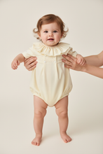 Load image into Gallery viewer, Baby girl in lemon smocked romper - Standing
