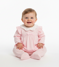 Load image into Gallery viewer, Baby girl in pink babygrow - white background